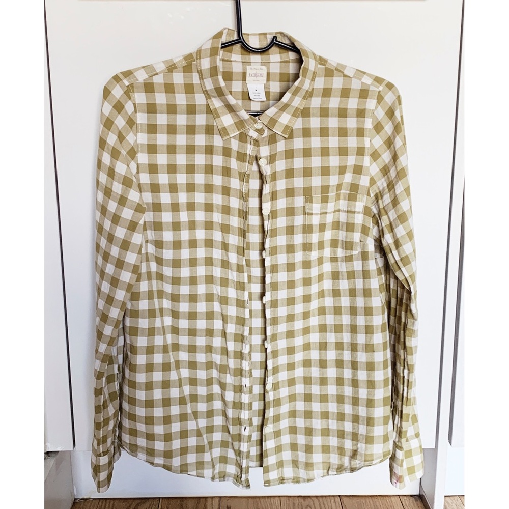 J. Crew Olive Gingham Soft Cotton Button Up Top